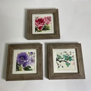 Three Square Framed & Matted Chinese Floral Prints; 6.5” x 6.5”; San Francisco